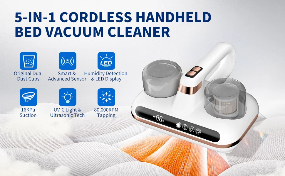 Description Picture 2 of item16KPa UV Mite Remover New Mattress Vacuum Cordless Handheld Cleaner Powerful Suction for Cleaning Bed Pillows Clothes Sofa