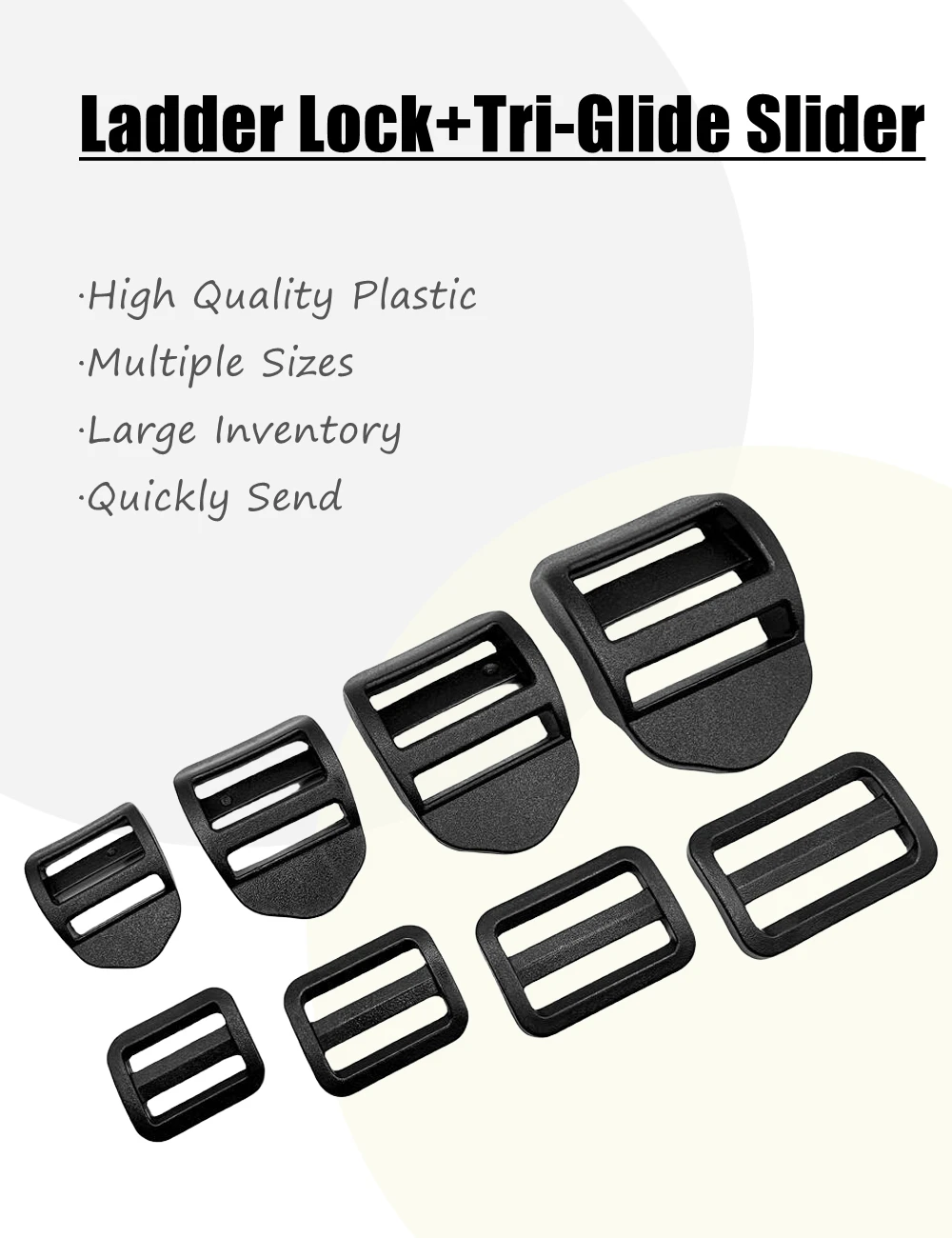 5 Stück/Packung, schwarze Leiterschnallen/Tri-Glide-Schieber aus Kunststoff für Rucksackgurte, Gurtband, 20–38 mm – Detail 1