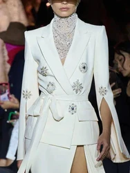 HIGH STREET 2023 Autumn Winter New Fashion Designer Jacket Elegant Women's Slit Sleeve Rhinestone Diamonds Beading Belted Blazer