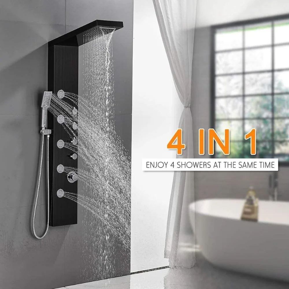 ROVATE Rainfall Waterfall Shower Tower Panel System, 304 Stainless Steel Bathroom Shower Tower with 5 Rain Body Massage Jets