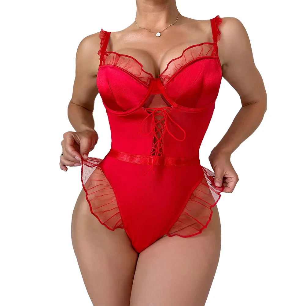 

Women Sexy Lace Border Bodysuit Hollow Out Backless Breathable Jumpsuit High Cut Leotard Seductive Lingerie Erotic Sleepwear