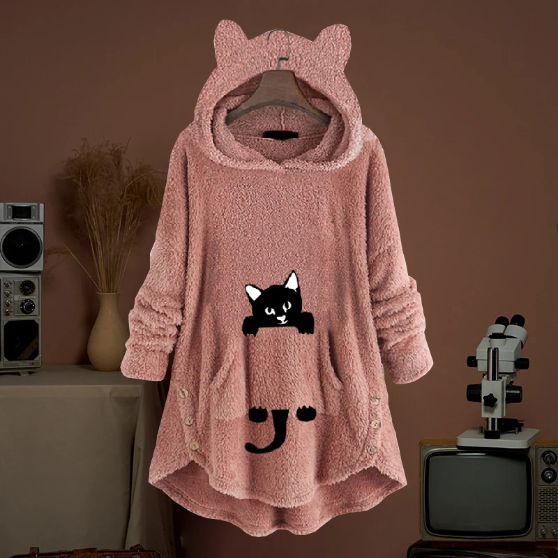 thumbnail image 1 of Sudaderas con capucha de forro polar para mujer, ropa de casa informal, sudaderas sueltas con estampado de gato Kawaii, jerséis largos y esponjosos, camisas con capucha de botón, Invierno, 1 of 5
