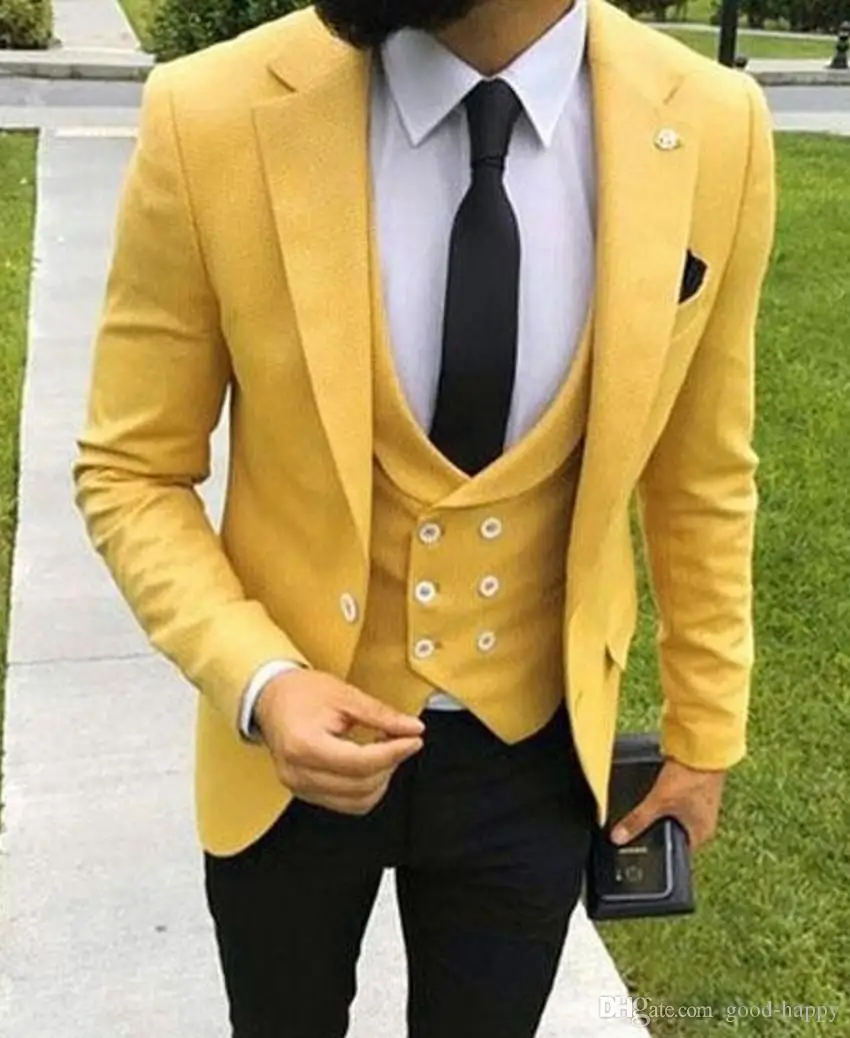 Yellow Groom Tuxedos Notch Lapel Groomsman Wedding 3 Piece Suit Fashion Men Business Prom Party Jacket Blazer(Jacket+Pants+Vest