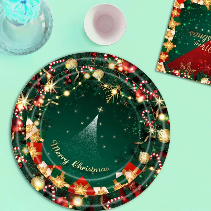 Produktbild von 50 Gäste Weihnachten Thema Party Set Einweg Papp Teller Pappbecher Papier Tücher