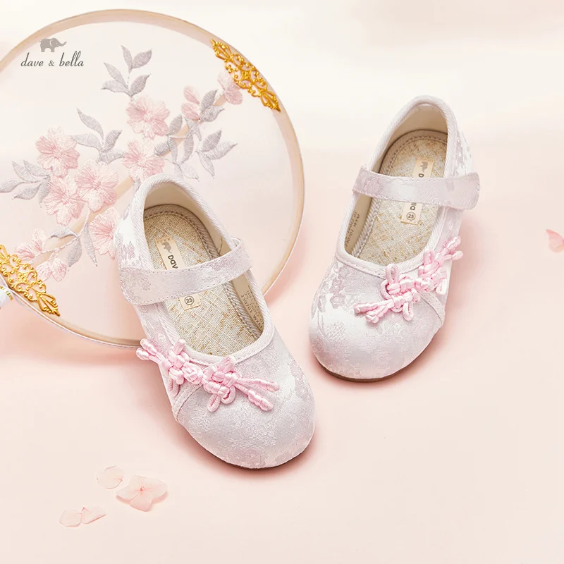 Dave Bella Spring Girls Leather Shoes Light Pink Outdoor Casual Shoes Satin Patterned Children Princess DB1247805