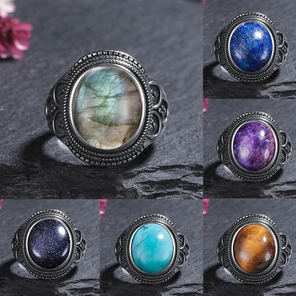 

S925 Sterling Silver Rings 10*12MM Oval Natural Moonsotone Lapis Labradorite Rings for Men Women Wedding Engagement Ring Jewelry