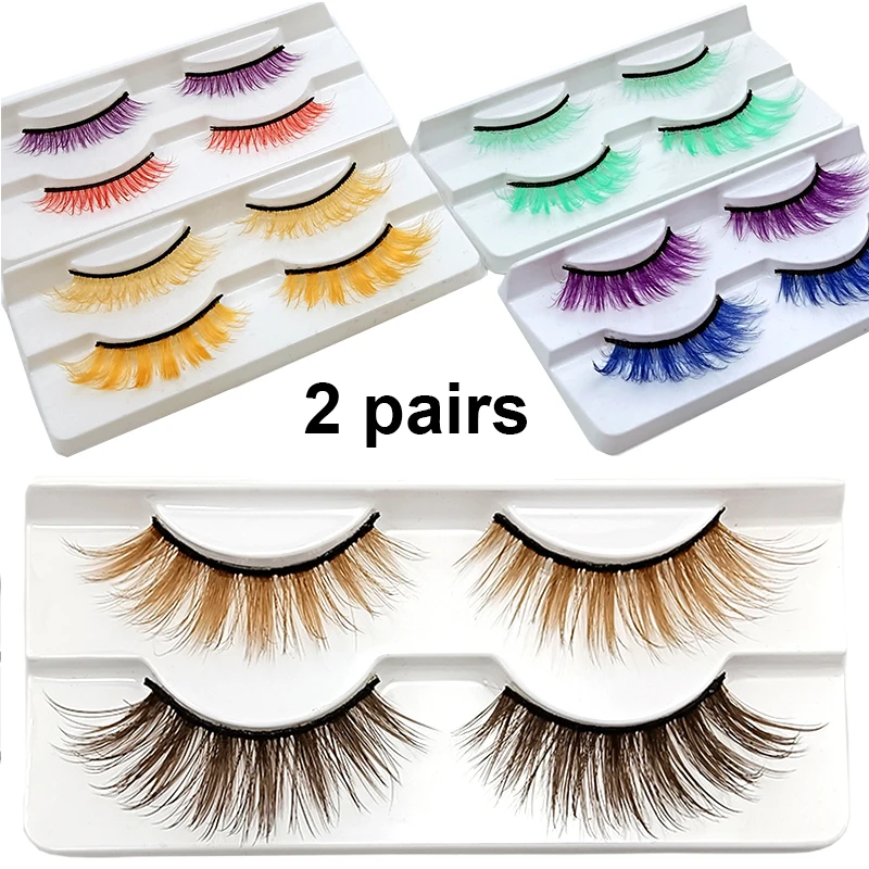 2 Pairs Natural Colored Eyelashes Fake Fluffy Red Blue Rainbow Lashes Halloween White Cils Cosplay Mix Colors Makeup Eyelashes