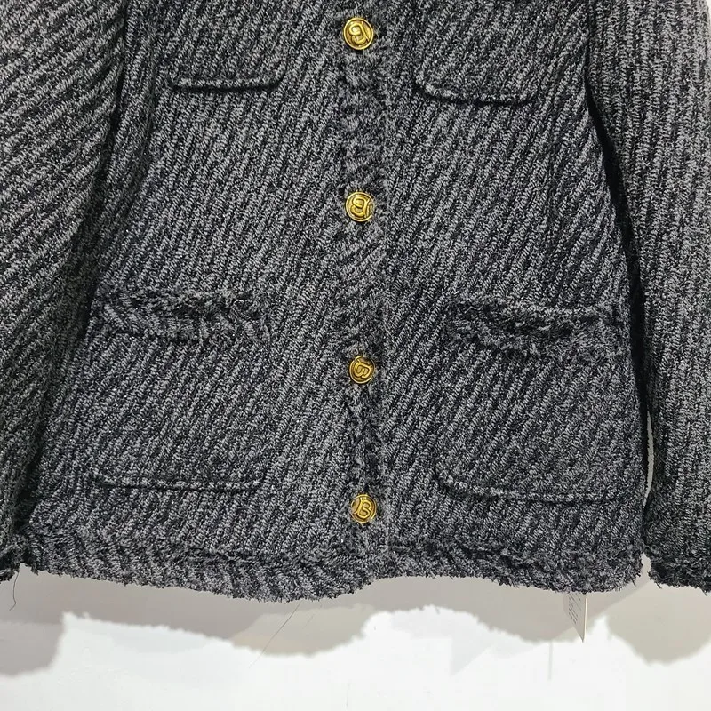 Thick Autumn Winter Tweed Jacket Korean Style Tassel Long Sleeve Outwear 2023 Office Lady Temperament V-Neck Vintage Coat Loose