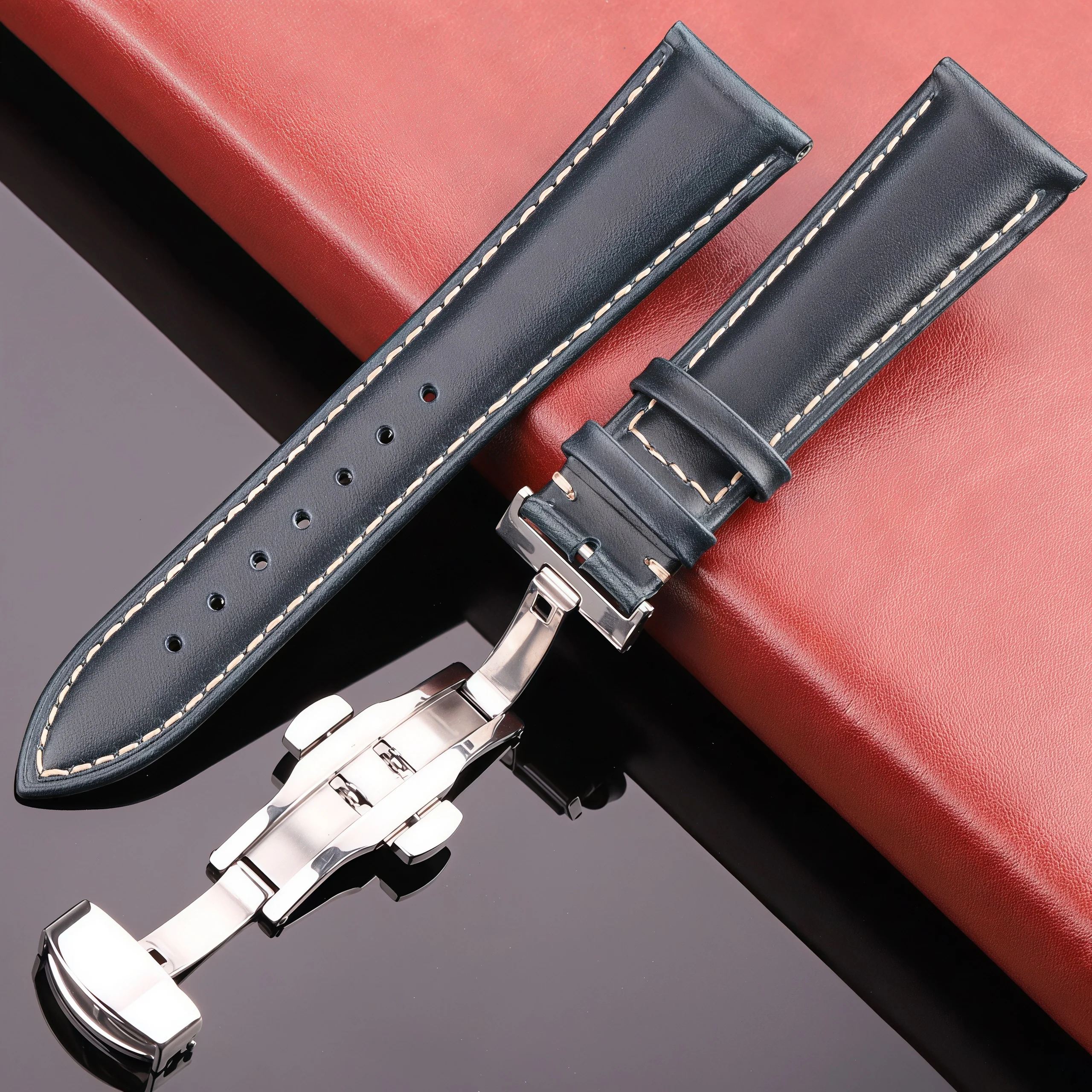 Vintage Cowhide Leather Watch Strap with Butterfly Clasp and Double Push Button Buckle