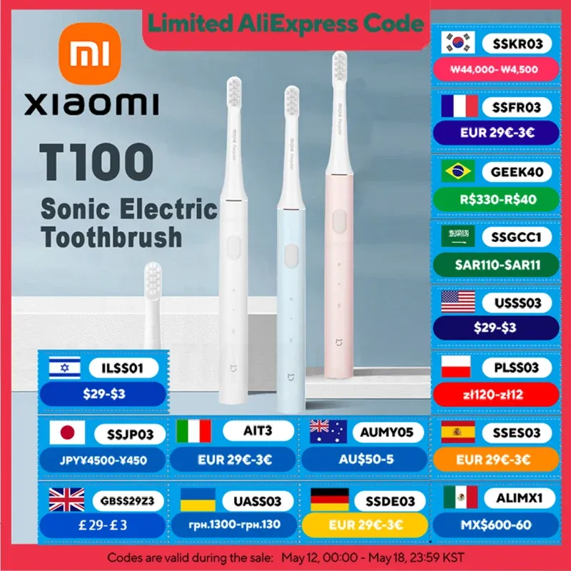 XIAOMI MIJIA Sonic Electric Toothbrush T100,30-day battery life,IPX7 Waterproof Soft Brush Head,2 Modes,Whitening Toothbrushes