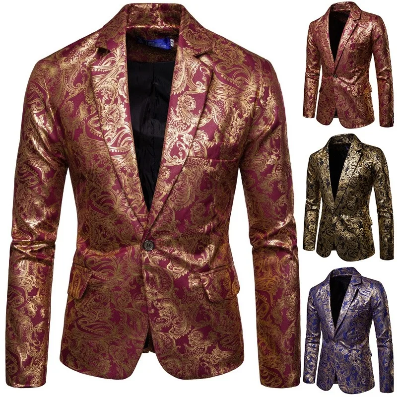 Men Blazers Men's Casual Suit Coat Party High End Fashion Luxury Gold Flower Print Business Casual Set Blazers for Men