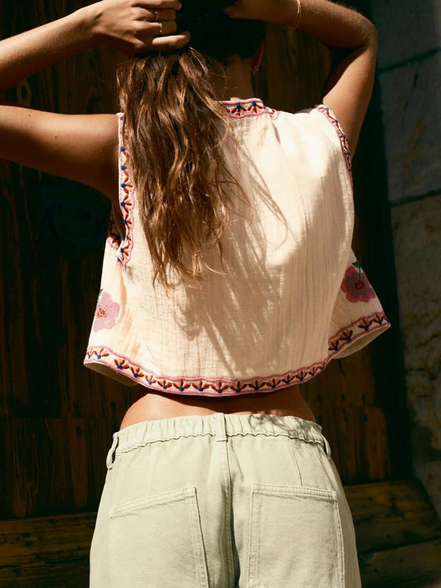 여성용 빈티지 보호 꽃 자수 가디건, 민소매 크롭 탑, 오픈 프론트 조끼, 아우터 재킷