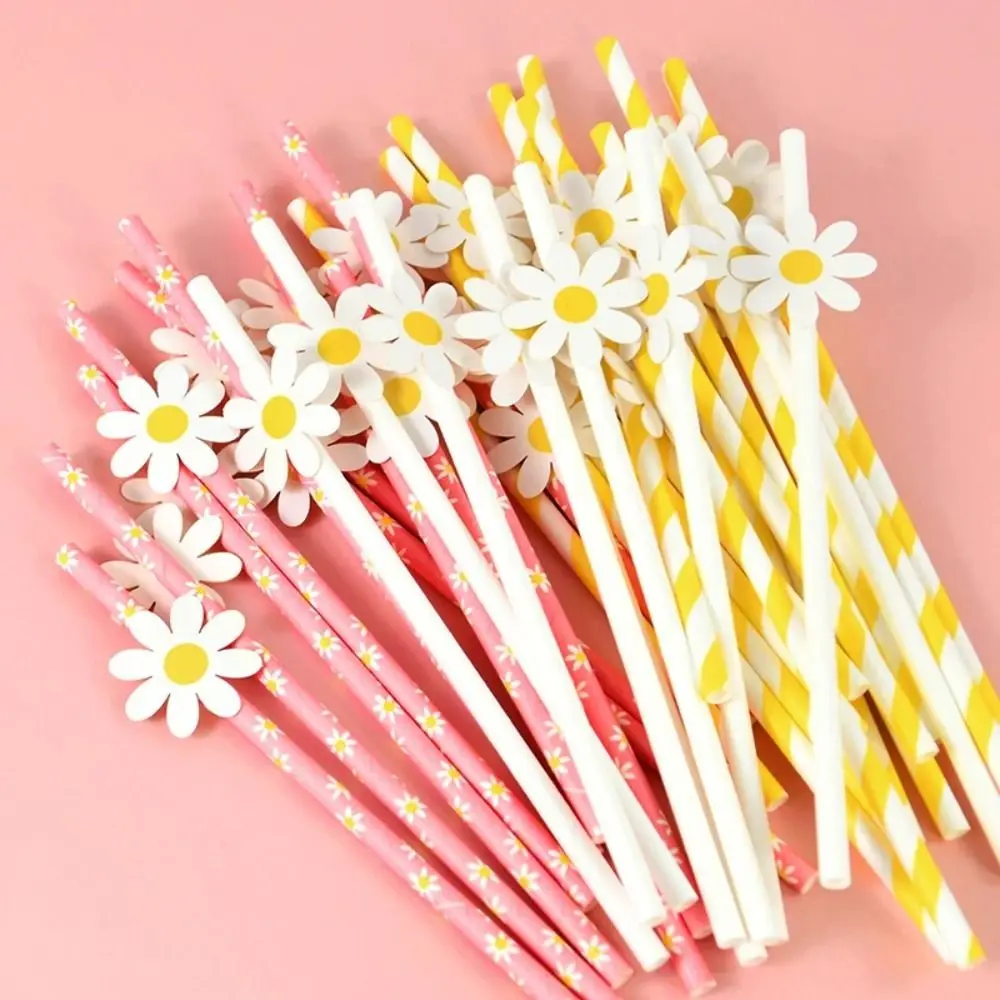 

20pcs Paper Daisy Straws Eco Friendly Degradable Disposable Straws Stripe Pattern Long Drinking Straw Baby Shower