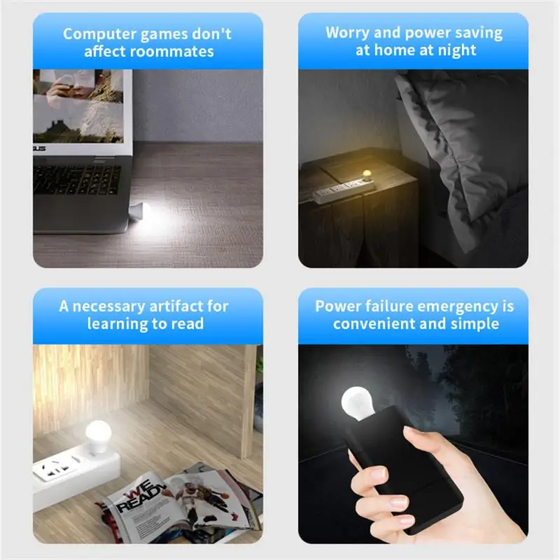 Rodada LED Night Light para Leitura, Computador e Lâmpada de Energia Móvel, Pequenas Lâmpadas Livro, Proteção ocular, Plug USB, 8PCs, Carregamento de Energia