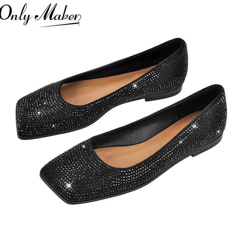 

Onlymaker Woman Flats Rhinestone Glitter Bling Shiny Elegent Slip On Black Fashion Daily Elegant Flat Shoes