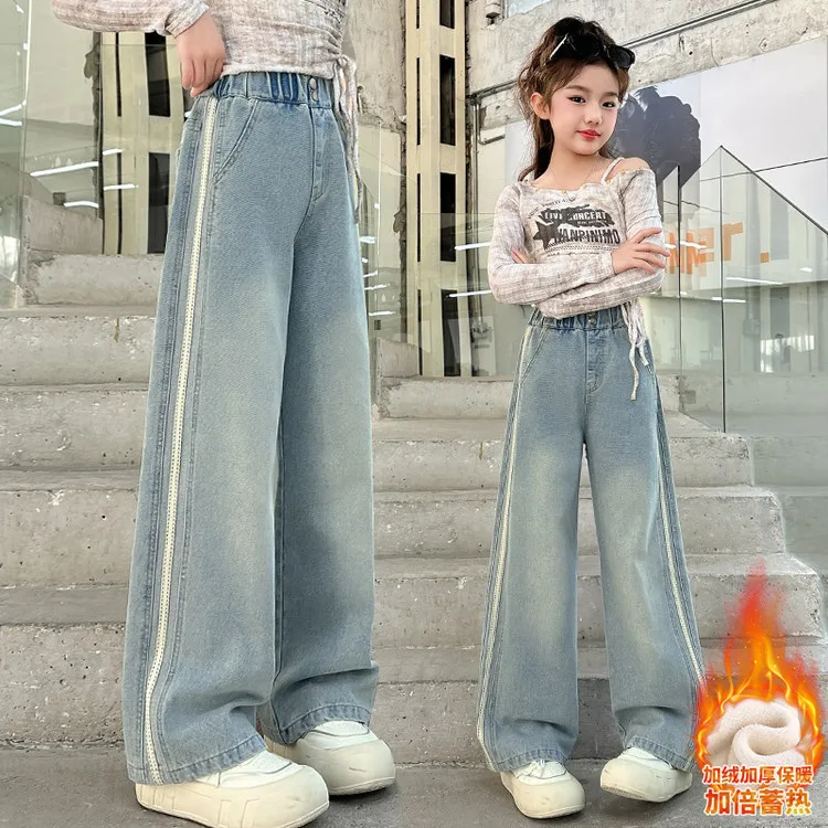 소녀 빈티지 블루 보온 청바지 사이드 웨빙 플리스 안감 데님 팬츠 아동 캐주얼..