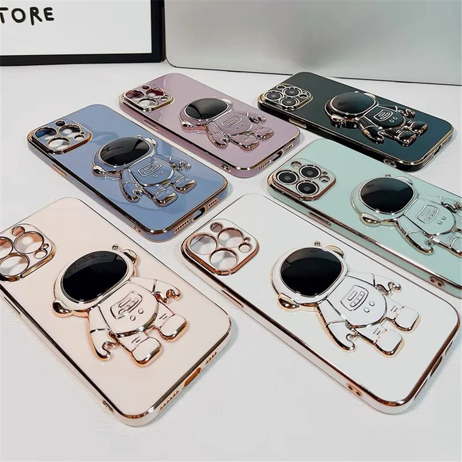 Electroplated Astronaut Folding Stand Case For iphone 13 12 11 Pro Max XR X XS 7 8 Plus SE Camera Protection Soft Silicone Cover iphone 13 mini case clear