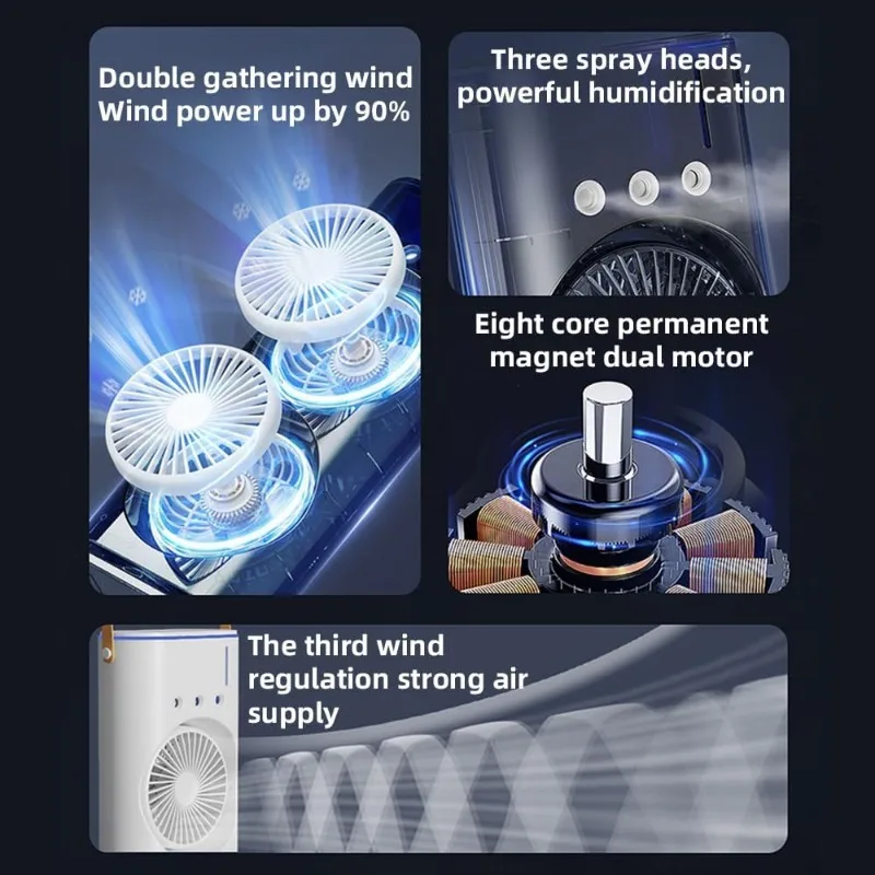 Portable Desk Fan Dual Head Spray Tower Air Cooler 3 Speeds 7 Colors Light Rotatable Air Conditioner Strong Wind High Efficiency 5