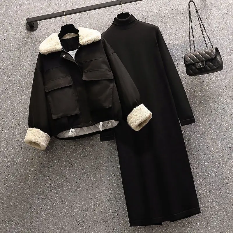 Autumn/Winter Retro Outfits Women's 2023 New KoreanFashion Cardigan Cotton Coat Light Mature Style Knitted Dress Two Piece Set