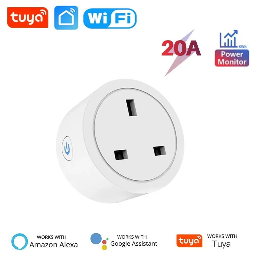 20A 16A 영국 플러그 TUYA WIFI 스마트 소켓(전원 모니터 포함) 음성 제어 타이밍 홈 전원 소켓은 Alexa Google 홈과 함께 작동합니다.