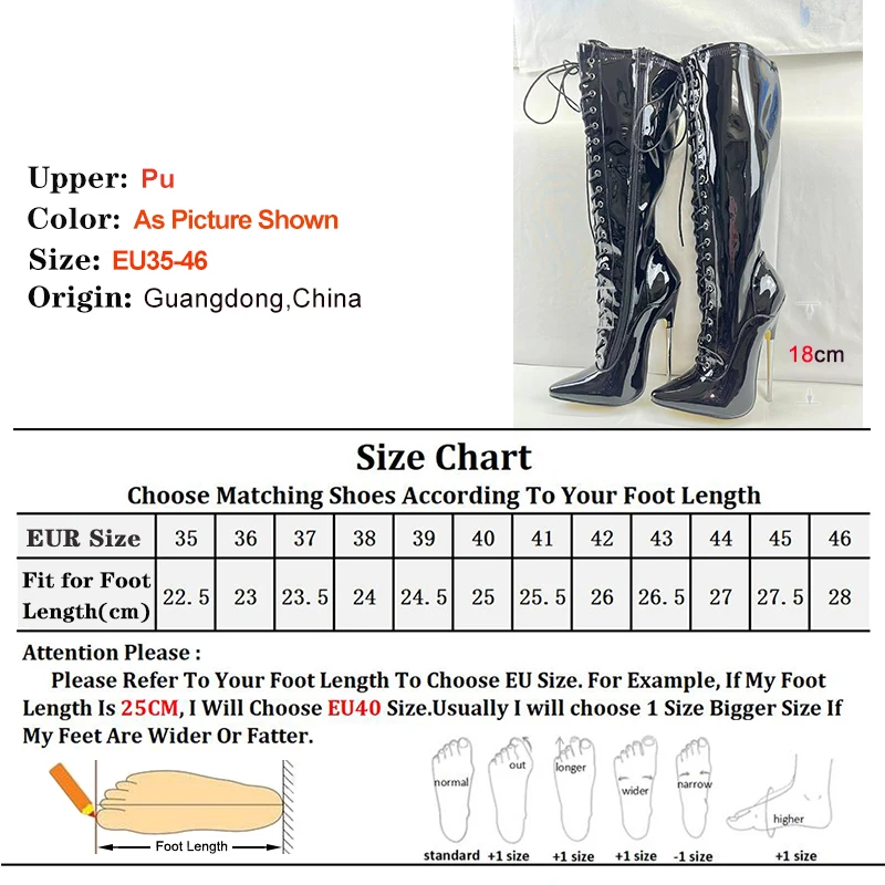 Black 18cm Metal Heel Knee High Women Boots Night Club Stage Pointed Toe Pole Dance Shoes Patent Leather Lady Heels Custom Color