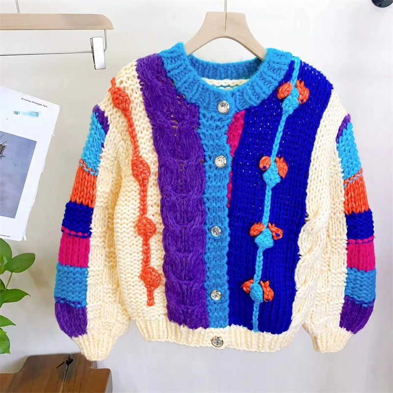 

Women Colorful Chunky Knit Sweater Handmade Bulky Cardigan Warm 2023 Autumn Winter New In