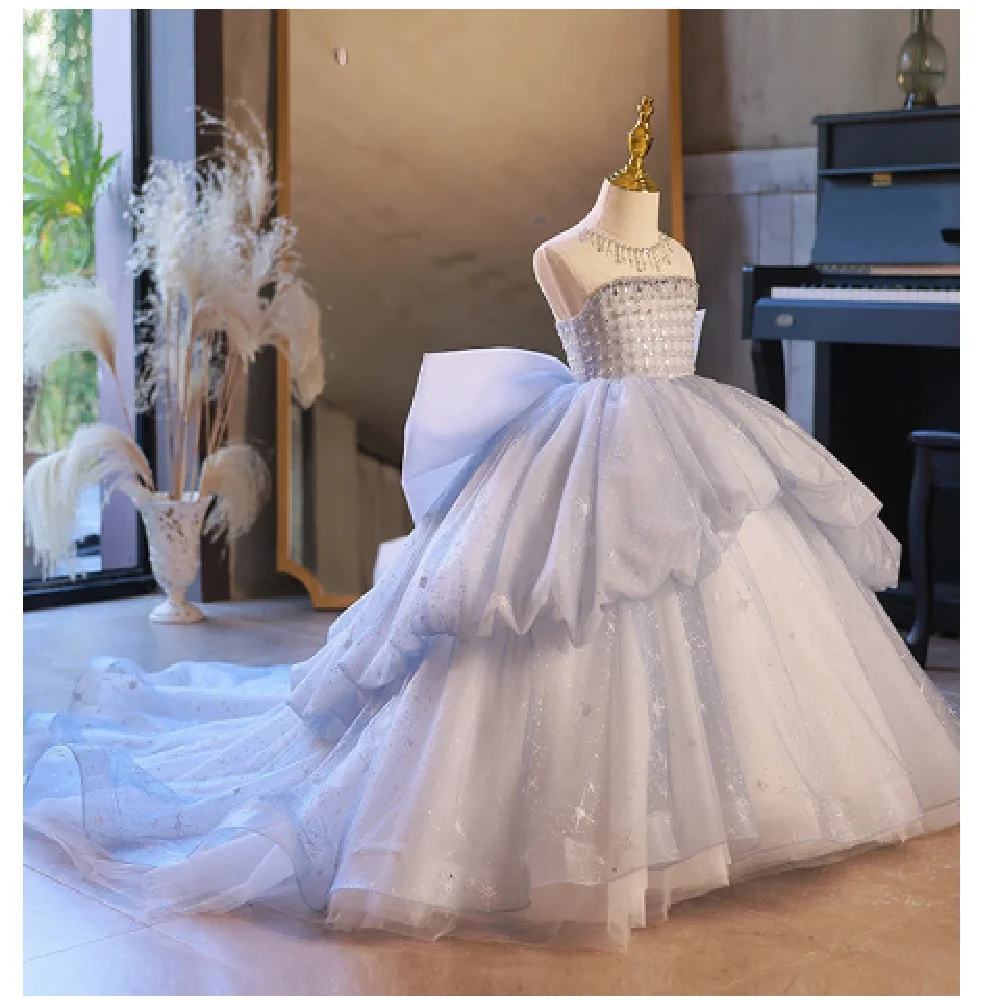 

Sparkle Girls Princess Elegant Big Bow Baby Birthday Party Clothes Teen Girls Performance Wedding First Communion Present