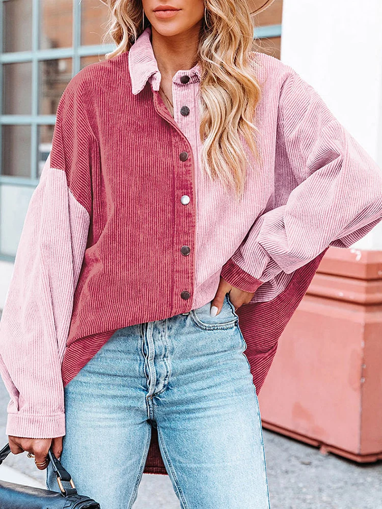 

Autumn Contrast Color Corduroy Shirts for Women 2023 Long Sleeve Button Up Oversize Shirt Office Beautiful Women's Blouses Tops