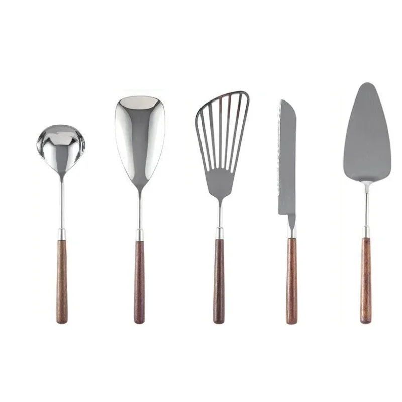 304 Stainless Steel Small Spatula Household Cooking Spoon Soup Spoon Frying Shovel Walnut Long Handle Anti-hot Spatula Kitchen