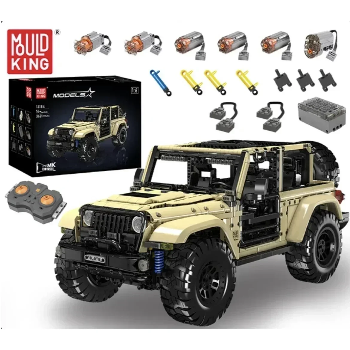

Моторизованный внедорожник Mould King 13184 с приложением/дистанционным управлением, автомобиль Wrangler, строительные блоки, игрушки для мальчиков, подарок для детей, наборы моделей для взрослых