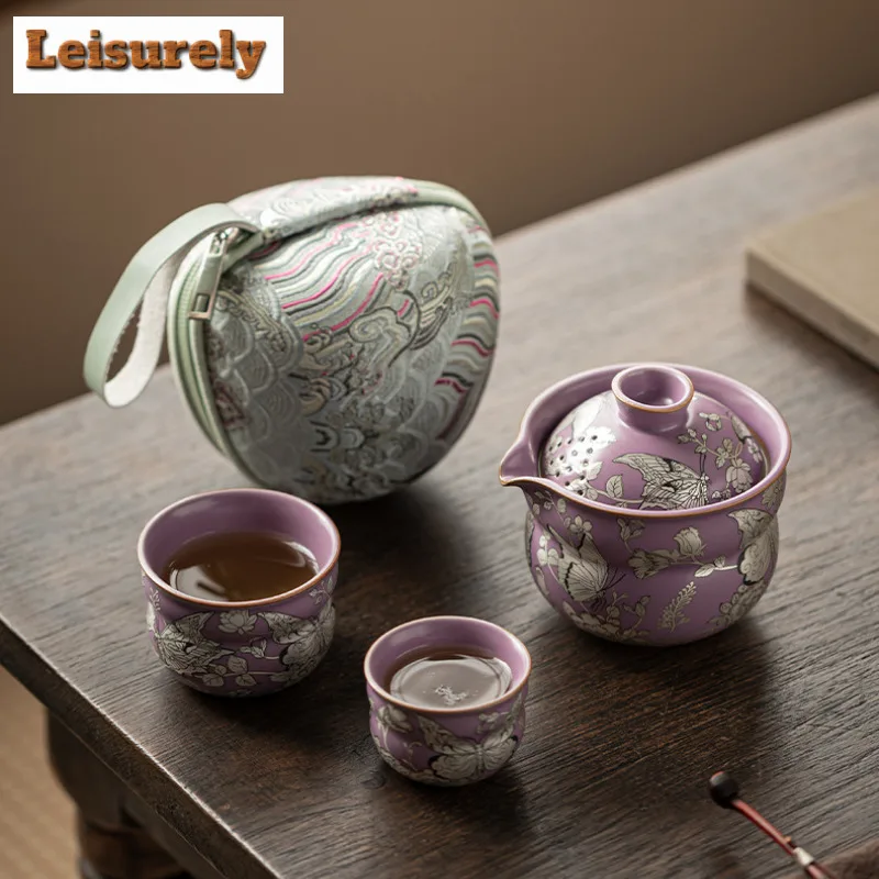 Gilt Silver Butterflies In Love With Flowers Gourd Travel Tea Set Kit Retro 1 Pot 2 Cups Tea Making Organizer Portable Handbag