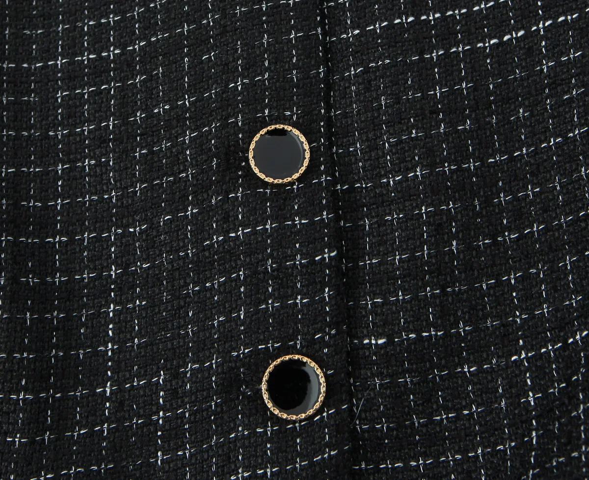 French Style Retro V collar Plaid Woven Tweed Blazer + High Waist Mini Short Skirts Suits 2 pieces 1 Set Black White