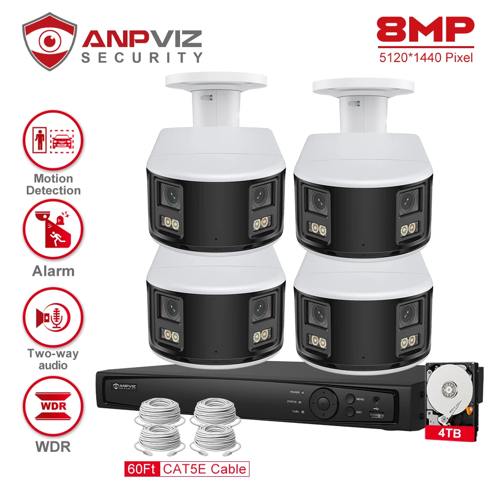 Anpviz 8CH 4K NVR 8MP Dual Lens POE Camera Ultra Wide Angel 180° Panoramic Camera Real Time System Kit AI Vehicle Detection IP67