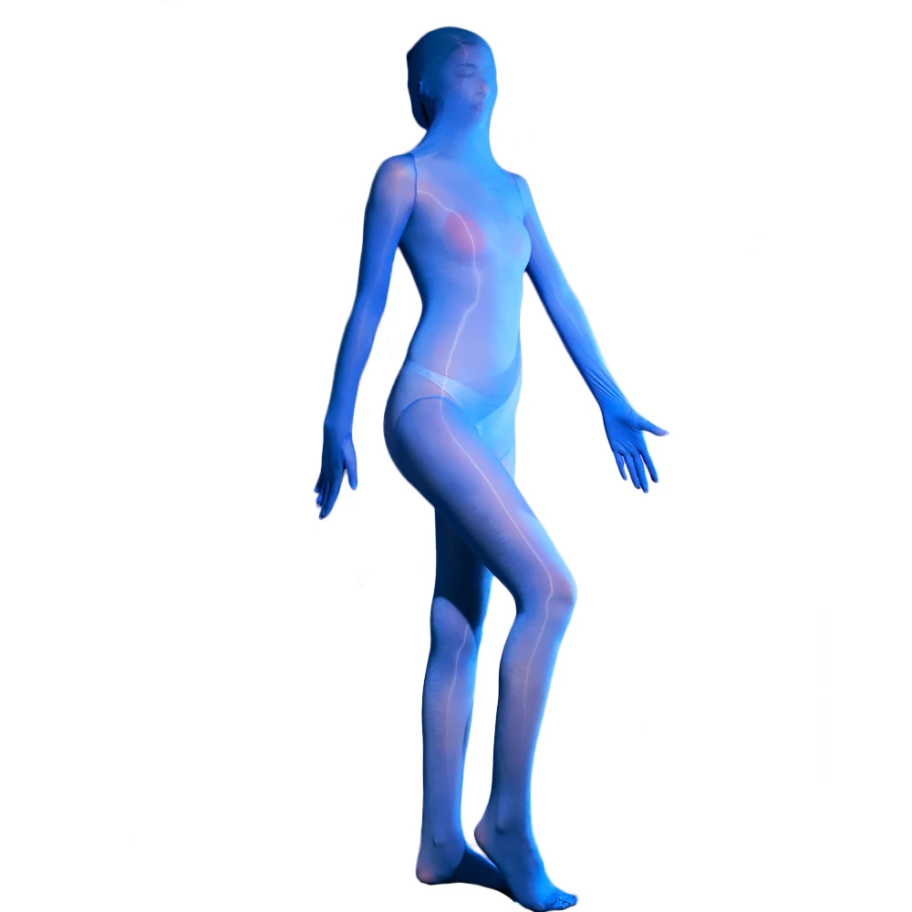 Sexy Women High Collar Mask Hooded Tights Oil Glossy Elastic Bodysuit See Through Glove Rompers Cosplay Maid Jumpsuits 6