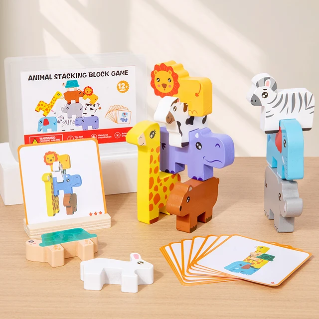 Wooden Animal Stacking Block Game Shape Matching Puzzle Balance Toy Montessori Fine Motor Training Educational Toys For Children 2