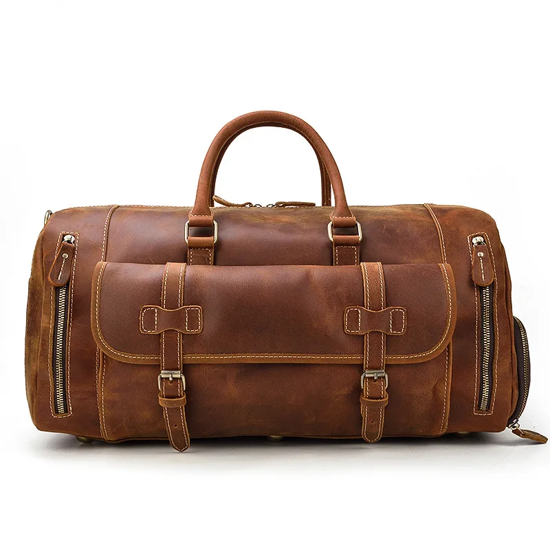 22′ Men’s Genuine Leather Travel Duffle Bag With Shoe Pocket