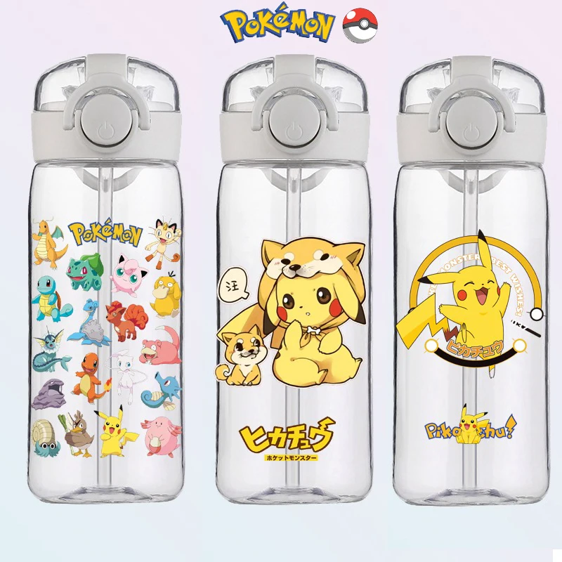 

400ML Cartoon Pokemon Pikachu Sports Water Bottle Outdoor Large Capacity Leak-proof Cup Motivational Portable Plastic Cup Straw