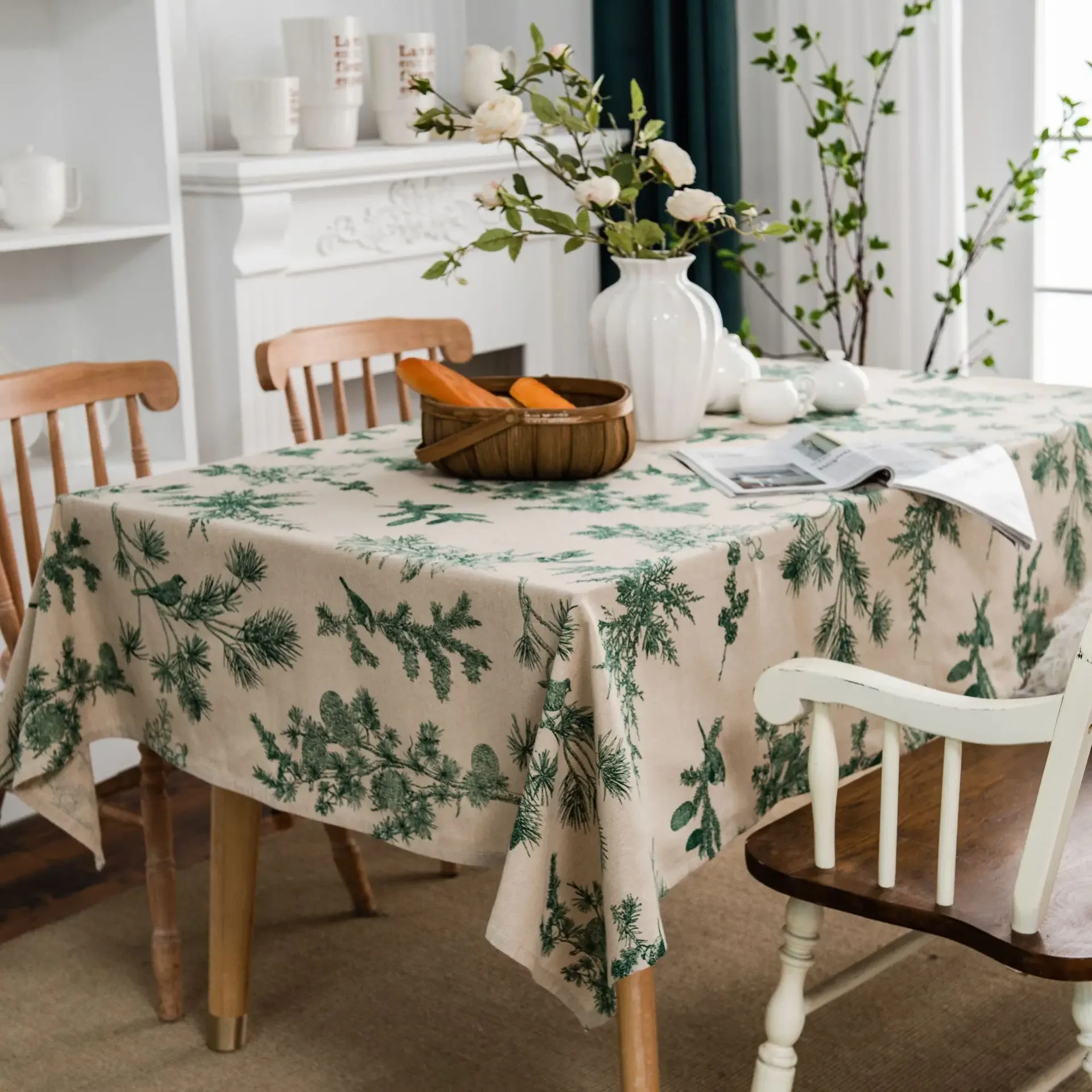 

Cotton Linen Tablecloth, Beige Green Pine Trees Cones, American Rural and Pastoral Style, Table Cover Decoration