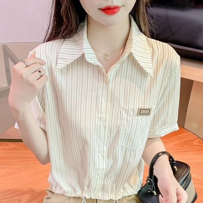 2024 New Summer Korean Version Minimalist Fashion Casual Loose Blouses Collar Stripe Shirring Pocket Lace Up Women's Shirt Top