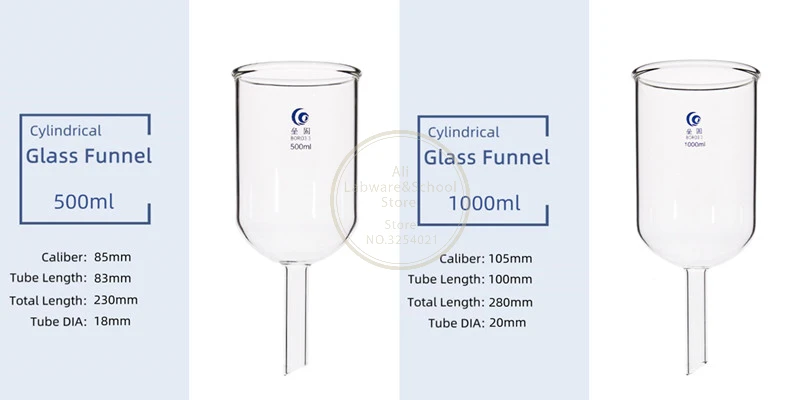 1Pcs Clear 50ml to 1000ml Glass Cylindrical Funnel Laboratory Equipment