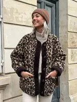 Women Fashion Winter Leopard Print Coat Long Sleeves Loose Single Breasted Female Top Pockets Streetwear Woman Cardigan