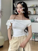 2024 Women'S Summer Ins Style New Shrink Pleated One-Shoulder Crop Top Backless Twist Tie Asymmetric T-Shirt Casual Top 4