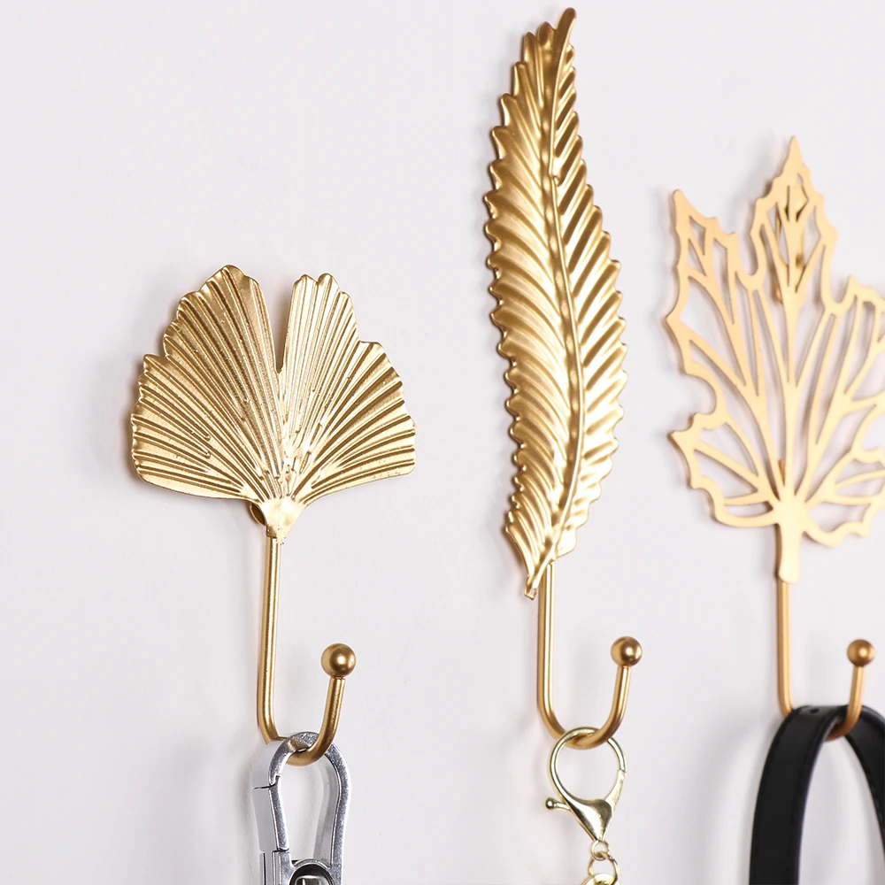 

7PCS/Set Nordic Style Gold/Green Leaf Shape Wrought Iron Hook Wall Hanger Hanging Storage Rack for Towel Cloth Home Organization