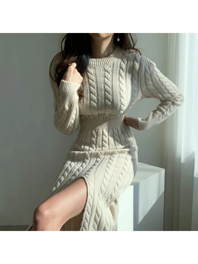 

Womens Dresses Knit Sweater Y2k Clothing Winter Clothes Korean Fashion Reversible Round Neck Twist Women's Sweater Hip Skirt