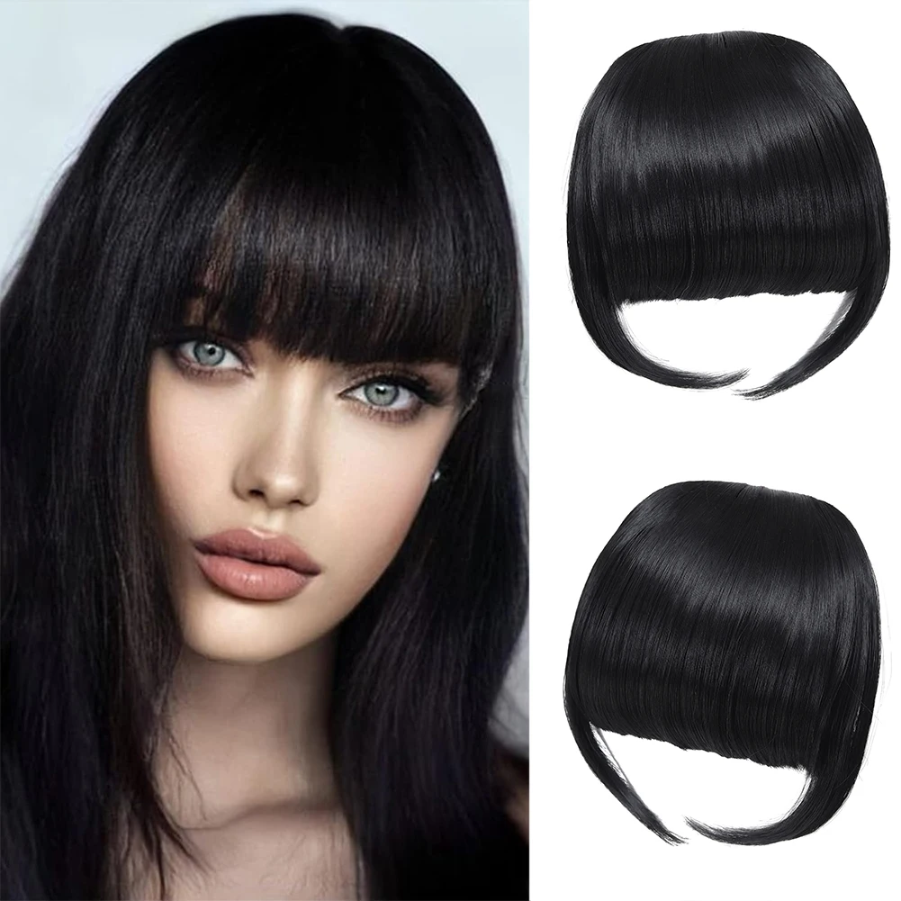 Hair Extensions Hair Bangs Synthetic Wig Flat Bangs Hair Extension Clip in Bangs with Temples 6 Inches Front Face for Women Girls Daily