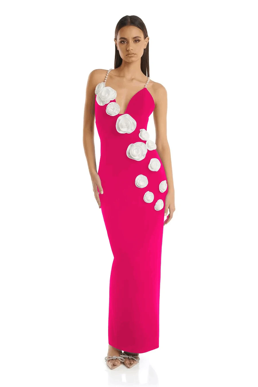 

KLEEZY 3D Flowers Design Pink Bandage Dress Pearl Spaghetti Strap Backless Sexy V Neck Ladies Elegant Maxi Prom Dress