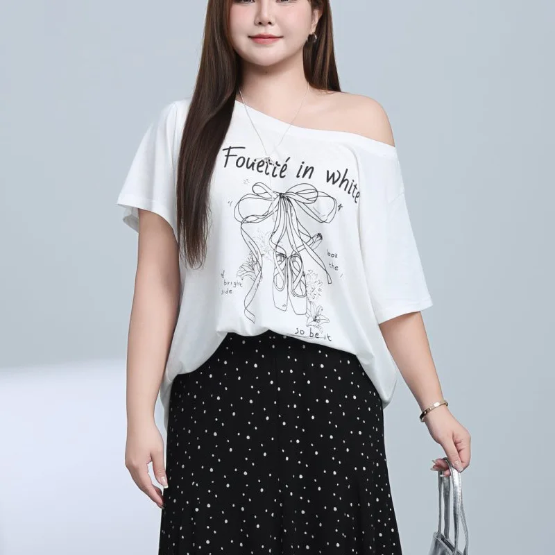 The Ballet Girl Snowflake Cotton Thin Oblique Shoulder T-shirt Plus Size Women Premium Casual And Youthful Summer Tops 9251