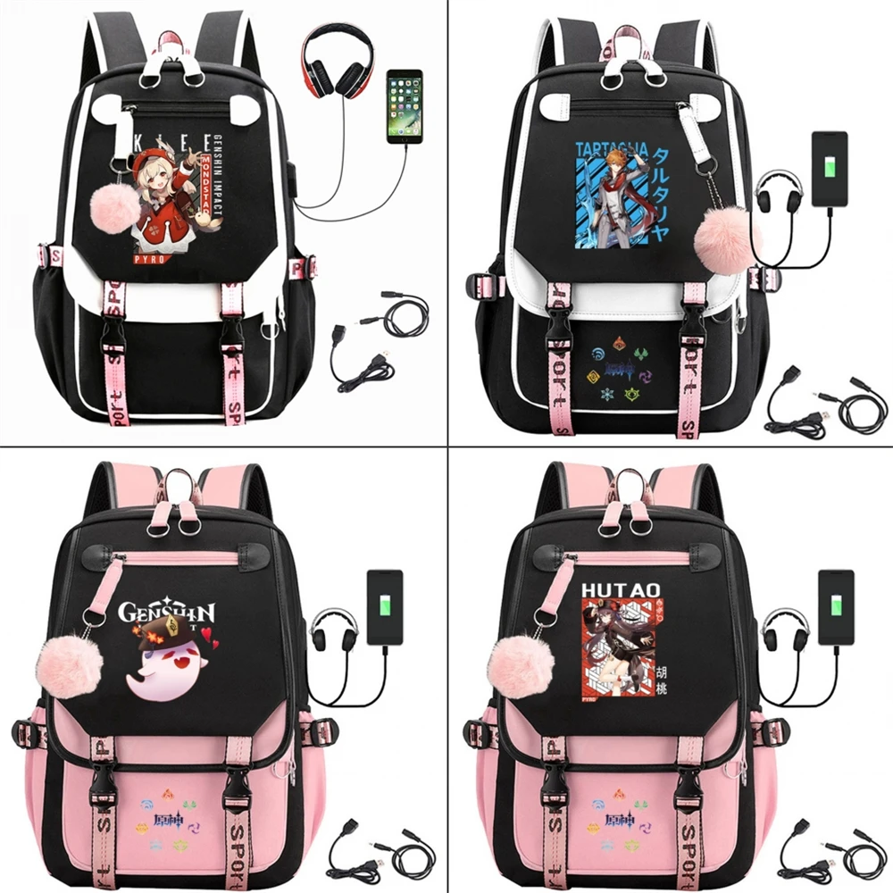 

Genshin Impact Backpack USB Charge Teenager Student Bookbag Zipper Unisex Schoolbag Cartoon Laptop Bag Nylon Cosplay Packsack