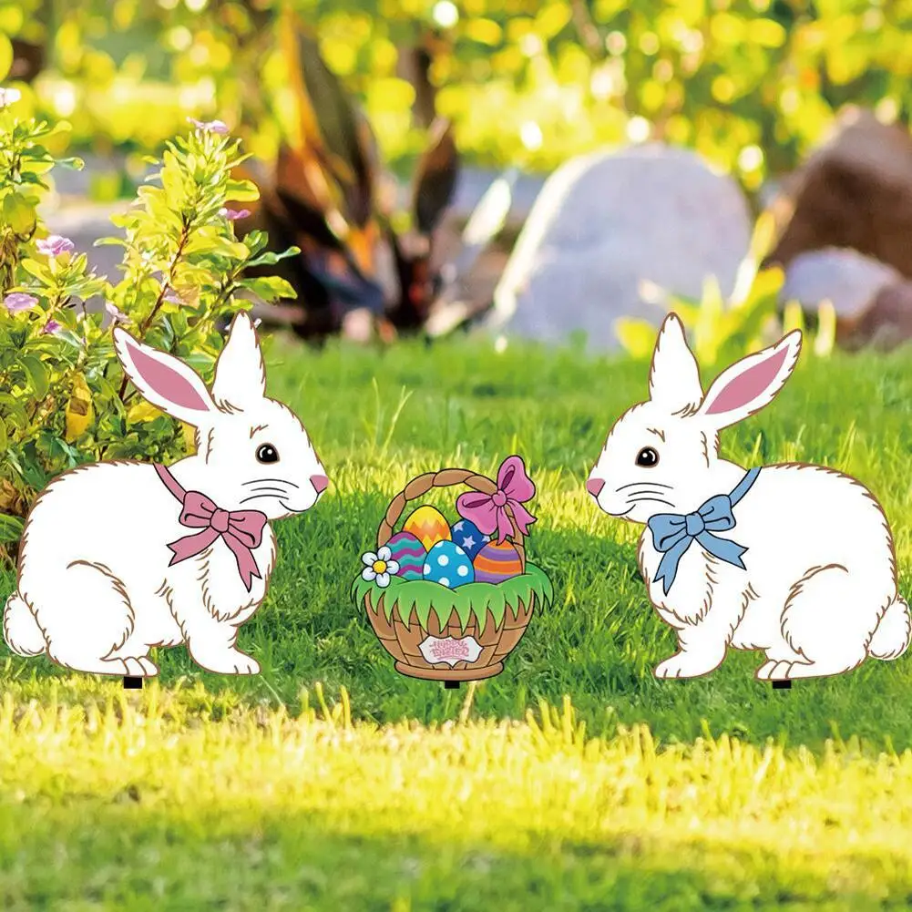 

3pcs Easter Yard Signs Bunny Egg Basket Acrylic Yard Stakes Double Sided Pattern Yard Signs For Outdoor Festival Decorationn