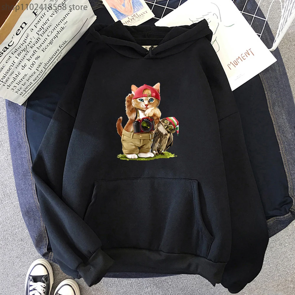 

Animal Cartoon Garphic Hoodies for Men A Cat and An Owl Sweatshirt Kawaii Women Clothing Male Long Sleeve Pullovers Y2k Clothes